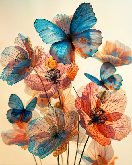 BUTTERFLY MENAGERIE 1: A colorful, vibrant image of a blue morpho butterfly resting on a cluster of delicate pink poppy flowers, bathed in soft sunlight. The image is a beautiful representation of natures artistry, with intricate detail in the butterflys wings and the flowers petals.