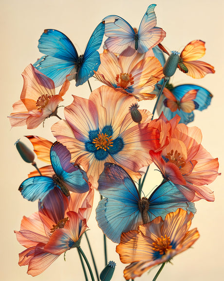 BUTTERFLY MENAGERIE 2: This image shows a group of delicate blue morpho butterflies perched amongst beautiful, delicate peach blossoms. The butterflies vibrant blue wings stand out against the soft peach tones of the flowers. The image captures a moment of tranquility and natural beauty.