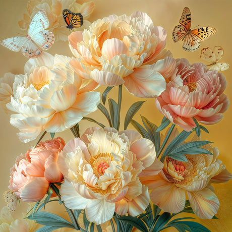 BUTTERFLY MENAGERIE 8: A beautiful image of a bouquet of peach and white peonies with multiple butterflies flitting around them. The flowers have a soft, almost translucent quality, and the butterflies add a touch of whimsy and movement to the scene. The overall effect is one of delicate beauty and tranquility.