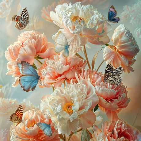 BUTTERFLY MENAGERIE 9: A delicate cluster of blooming peonies in shades of white and peach are graced by a vibrant assortment of butterflies. The butterflies, in hues of blue, black, and white, flutter among the petals, adding a touch of whimsy and movement to the still life. The image evokes a sense of springtime beauty and the delicate balance of nature.