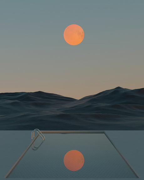 BEYOND REALITY: A surreal landscape with a swimming pool reflecting a setting sun over a mountain range. The pool is empty, with a ladder extending out from the edge, inviting a swimmer to jump in. The colors are muted and the sky is a soft blue, creating a serene and tranquil atmosphere.