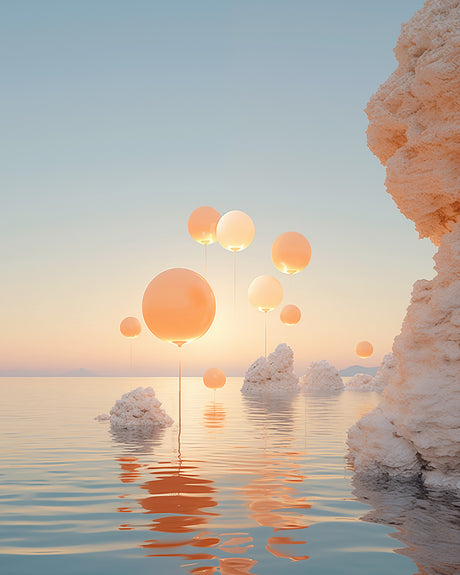 LUMINOUS ILLUSIONS: A serene scene of multiple balloons floating above a still body of water, likely a salt flat, as the sun sets behind the horizon. The sky is a soft pastel pink, and the water reflects the warm colors of the setting sun.