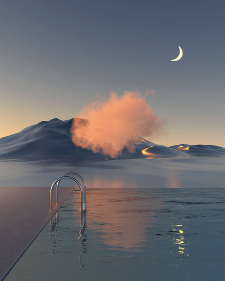 SURREAL SERENITY: A serene image of a pool located on top of a mountain, overlooking a distant landscape. The sun has set, casting a warm glow on the horizon, and a crescent moon hangs high in the sky. A pair of metal pool ladders stand upright, inviting a refreshing dip in the tranquil water.