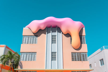 SWEET SURRENDER 1: A brightly colored abstract art installation hangs over a building in Miami, Florida. The installation is made of a pink and orange material that appears to be dripping or melting. The building itself is a peach color with white windows and trim. The sky is a clear blue. This image captures the vibrant and playful spirit of Miamis art scene.