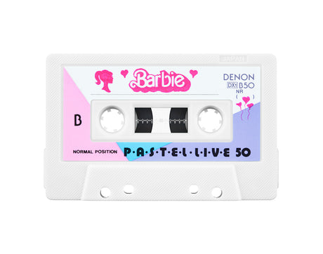 BARBIE GIRL: A close-up shot of a vintage white cassette tape with a colorful Barbie design. The tape features a pink and blue color scheme with hearts and balloons. The cassette is labeled P-A-S-T-E-L-L-I-V-E 50 and Denon DXI B50 NR indicating its brand and model.