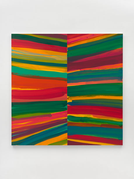 HI LO 1 (72 x 72): An abstract painting with bold, horizontal stripes in a variety of colors including red, yellow, green, and purple. The stripes are painted in a loose, gestural style, creating a sense of movement and energy. The painting is divided into two sections, with the left section featuring a slightly more muted palette than the right section.