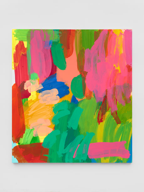 UNTITLED (80 x 72): This abstract painting features a dynamic composition of vibrant colors and bold brushstrokes. The artist uses a range of hues, including red, pink, green, blue, and yellow, to create a sense of energy and movement. The brushstrokes are thick and expressive, adding texture and depth to the work. The painting is likely created with oil paint on canvas.