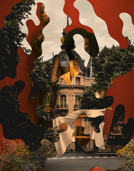 PARALLELS 4: This image is an abstract collage featuring a woman in a yellow dress, surrounded by trees and buildings. Her face is partially obscured, creating a sense of mystery. The image is composed of various shapes and colors, creating a dreamlike and surreal atmosphere.