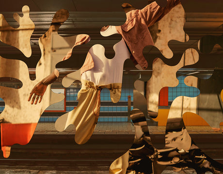 PARALLELS 5: A person is standing in a subway station. They are wearing a pink jacket and tan pants. The image is stylized with abstract shapes overlaying the person and the background. The shapes are a brown, orange, and yellow color.