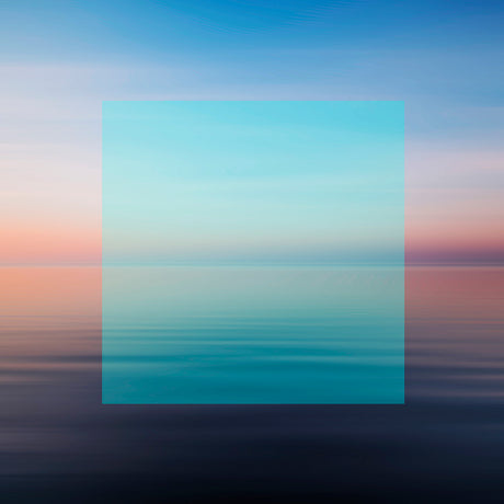 SUNSET 2 (BLUE): An abstract landscape photograph featuring a blurred sky and sea horizon with a vibrant teal rectangle overlay. The sky is a gradient of pink, blue, and white, while the water reflects the colors in a soft, dreamy way.