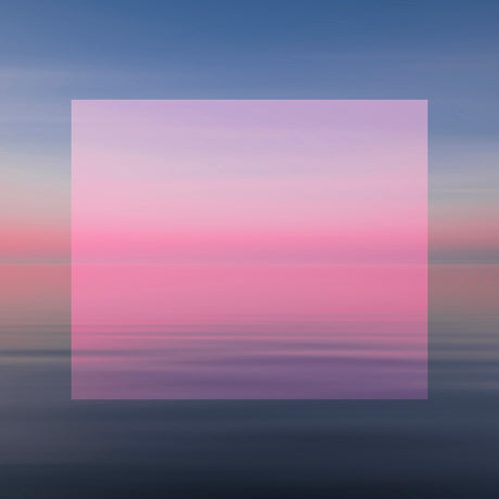 SUNSET 3: A photograph of a beautiful pink sunset over a body of water. The image is framed with a soft pink and white rectangle. The water and sky are blurred, creating a sense of motion and tranquility.