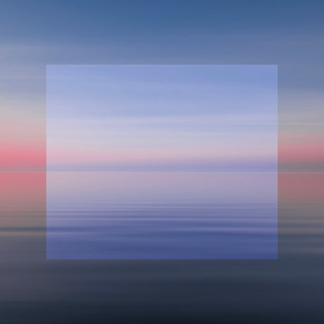 SUNSET 5: An abstract image capturing the beauty of a calm sea at sunset. The sky is a soft blue and pink, while the water is a gentle shade of blue. The image is framed by a white rectangle, creating a sense of tranquility and peace.