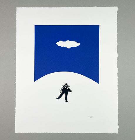 cloud SPOTTER: A black and white illustration of a man walking towards a single white cloud set against a large blue background. The mans arms are raised above his head, as if reaching for the cloud. The image is simple and minimalist, with a strong sense of perspective.