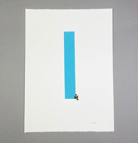 long READS: The image is a minimalist digital artwork that shows a single, tall, blue stripe on a white background. The stripe is standing vertically, and a small, black figure is sitting near the bottom of the stripe. The figure appears to be looking at something, perhaps a book. The overall aesthetic of the image is simple and modern, with a focus on geometric shapes and stark contrasts.