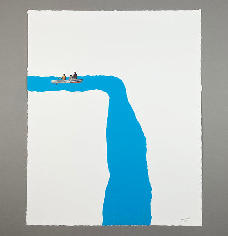 too LATE to TURN back: An image of a small, white boat with three people rowing across a blue waterfall on a white background. The water appears to be falling over a large cliff, but only the blue edge of the water is visible. The image is a minimalist, abstract, and surreal work of art.