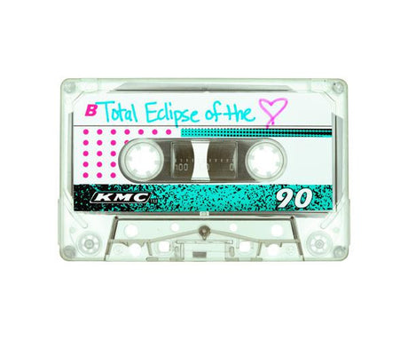 TOTAL ECLIPSE OF THE HEART: A clear cassette tape, featuring a label with the handwritten title Total Eclipse of the Heart in blue and a pink heart drawn next to it. The tape is labeled 90 and appears to be a KMC brand.