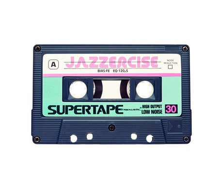 JAZZERCISE: An image of a vintage Supertape cassette. The cassette is blue, black, white, and green, and has Jazz Exercise printed on the label. The cassette is labeled as High Output Low Noise and has a 30-minute time capacity.