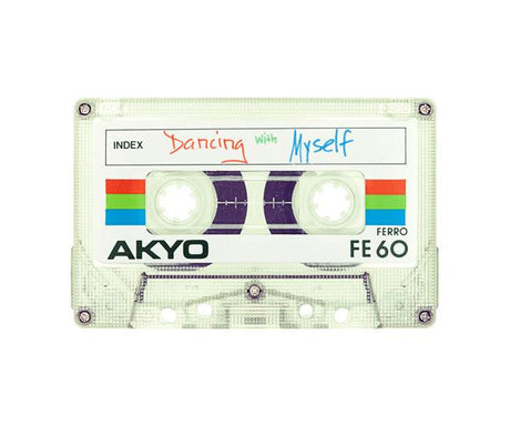 DANCING WITH MYSELF: A close-up image of a white cassette tape with a handwritten title Dancing with Myself on the label. The tape is a standard size and appears to be a blank recording medium. The image captures the nostalgia and simplicity of the cassette tape era.