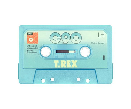 T.REX: A close-up image of a blue BASF C90 cassette tape with a T. Rex logo printed on the label. The tape is made in Germany and is an LH type, indicating its high-quality sound. The cassette is unopened and still in its original packaging.