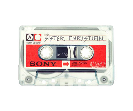 SISTER CHRISTIAN: This image shows a vintage Sony cassette tape labeled Sister Christian. The tape is in a clear plastic case with a red label. The title is written in black marker on the label, and the Sony logo is visible below.