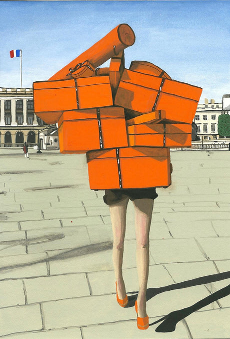 HERMES BOXES: A painting depicting a woman walking down a cobblestone street in Paris, carrying an incredibly large stack of orange boxes. The woman is wearing red shoes and a black skirt. In the background, a French flag is flying from a building.