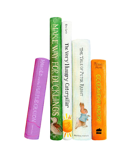 A BABY'S BOOKSHELF: A close-up photo of four classic childrens book covers, arranged vertically on a white background. The books are Make Way For Ducklings by Robert McCloskey, The Very Hungry Caterpillar by Eric Carle, The Tale of Peter Rabbit by Beatrix Potter, and Goodnight Moon by Margaret Wise Brown. The image captures the vibrant colors and iconic illustrations of these beloved childrens books.