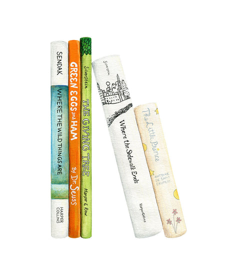 A CHILD'S BOOKSHELF: A watercolor illustration of five classic childrens books stacked together. The books include Where the Wild Things Are by Maurice Sendak, Green Eggs and Ham by Dr. Seuss, The Giving Tree by Shel Silverstein, Where the Sidewalk Ends by Shel Silverstein, and The Little Prince by Antoine de Saint-ExupÃ©ry. The books are arranged in a vertical stack, with the spines facing the viewer.