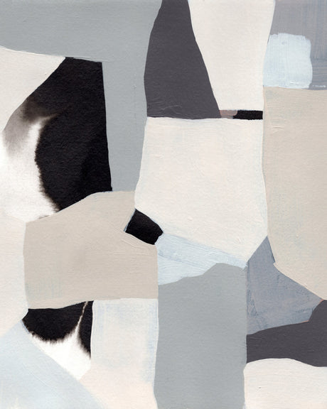 DESERT: This is a contemporary abstract painting. The artwork features a combination of black, white, gray, and blue paint in an abstract geometric style. The shapes are fragmented and layered, creating a sense of depth and movement. The painting is characterized by its simplicity and elegance.