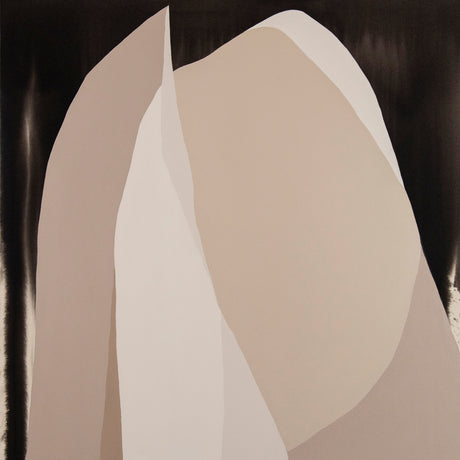 MELPOMENE: This abstract painting features a large, central, curved tan shape against a dark background. The tan shape is outlined by a thinner, lighter tan line, creating a sense of depth. The dark background fades to black at the edges, giving the painting a sense of movement and energy.