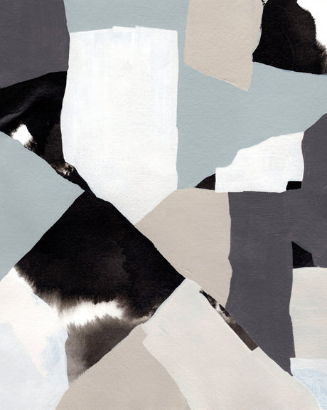 SHALE: This image is a digital painting of abstract geometric shapes in black, white, gray, and blue. The shapes are layered over each other, creating a sense of depth and movement. The painting is reminiscent of a modern minimalist art style, with its clean lines and simple color palette.