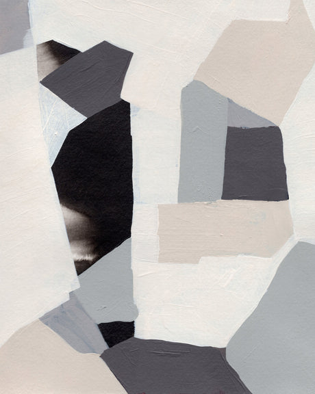 SLATE: This painting features a bold, abstract geometric composition of shapes in white, black, and grey. The artist has used thick strokes of paint to create a textured and dynamic effect.