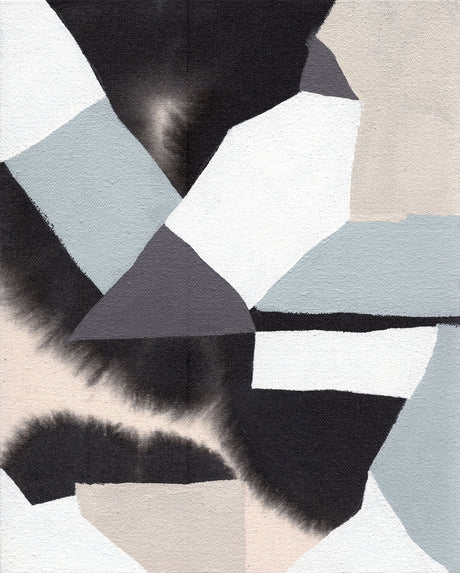 STRUCTURE: An abstract geometric painting on canvas features a composition of black, white, and gray shapes. The background is a light beige color. The shapes are layered and overlapping, creating a sense of depth. The painting is characterized by its simple design and use of bold colors.