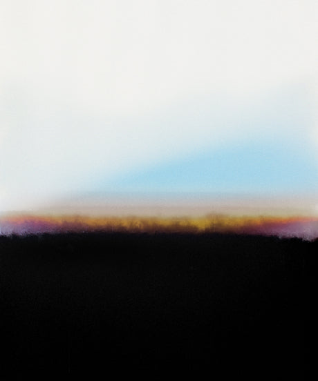 DRIFT BEAMS: An abstract painting depicting a landscape with a hazy, colorful sky and a dark horizon. The sky transitions from light white to blue to a vibrant orange and red, creating a sense of depth and atmosphere. The horizon is a solid black, suggesting a dense forest or a distant mountain range. The painting captures a feeling of vastness and tranquility, inviting the viewer to contemplate the beauty of nature.