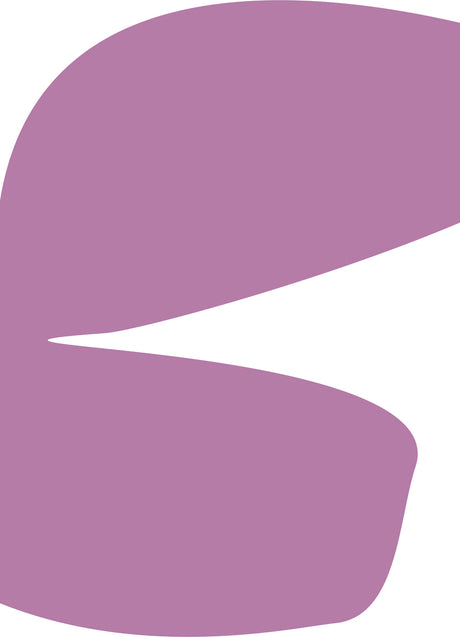 PETAL PUSHER: This is a digital illustration of an abstract purple shape against a white background. The shape is organic and free-flowing, resembling a stylized leaf or petal. It is composed of two distinct sections, with a white gap between them. The overall effect is one of simplicity and elegance.