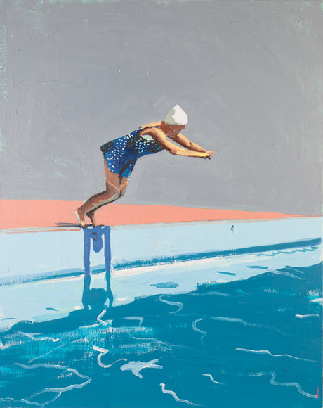 DIVER: An illustration of a woman wearing a blue swimsuit and white swim cap, poised on the edge of a pool, about to dive in. The pool is a vibrant blue, with a light pink edge and a gray background. The image captures a moment of anticipation and excitement as the woman prepares to take the plunge.