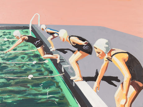 FALSE START: This colorful, painted artwork depicts four women in swimsuits and swim caps standing at the edge of a pool. They are preparing to dive in, with their bodies positioned in a ready stance. The background features a pink wall and a green pool with white lane ropes.