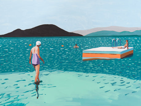 LANDSEND: A woman in a purple swimsuit walks through the shallow, clear water towards a floating platform. The platform is a light blue and orange rectangle with a ladder on one side. A man is sitting on the platform, and another man swims in the water behind the platform. The background shows a mountainous shoreline with a blue sky.