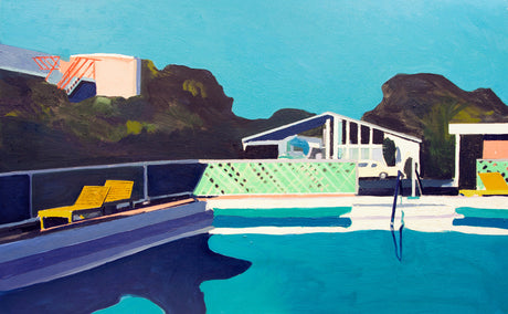 MIAMI POOL: This is a painting depicting a mid-century modern poolside scene. The painting features a blue swimming pool with a ladder, a yellow chaise lounge, and green bushes in the foreground. There are two buildings in the background, one with a white roof and the other with a peach roof. The painting has a retro feel, evocative of a bygone era of leisure and luxury.