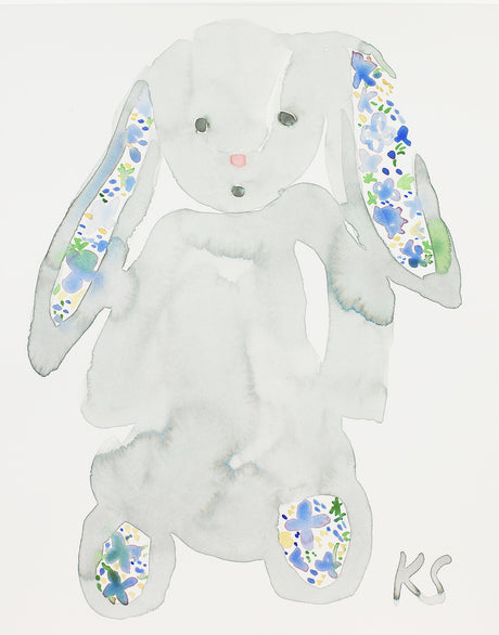 BUNNY: A watercolor painting of a grey bunny with blue and yellow floral patches on its ears and feet. The bunny is sitting upright with its ears pointed up and its feet together. The background is white, and the bunnys features are simplified, giving it a childlike charm. The painting has a delicate, whimsical feel, making it perfect for a nursery or childrens room.