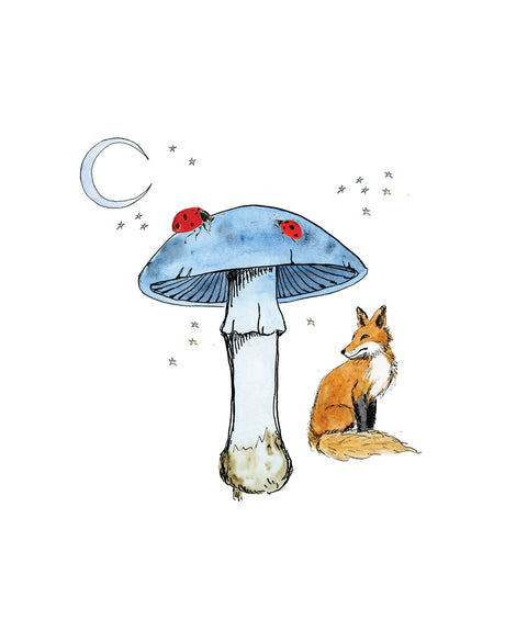 BLUE MUSHROOM: This illustration depicts a large blue mushroom under a crescent moon with a small fox sitting to the right. Two ladybugs are perched on the mushroom, one on each side of the cap. There are also small stars sprinkled around the image.