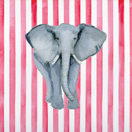 ELEPHANT: This image features a hand-painted watercolor illustration of a gray elephant, standing against a backdrop of alternating pink and white stripes. The elephant is depicted in a frontal pose, with its trunk slightly raised, and its large ears spread out. The illustration captures the gentle nature of the animal, creating a sense of tranquility.