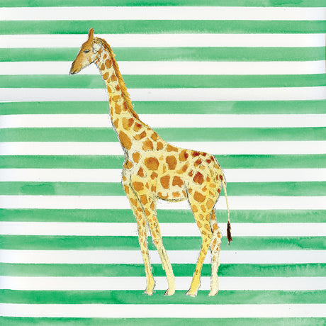 GIRAFFE: This image is a watercolor illustration of a giraffe standing on a green and white striped background. The giraffe is facing left, with its long neck and legs clearly visible. The background is a simple pattern of horizontal stripes, alternating between green and white. The image has a whimsical and charming feel.