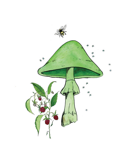 GREEN MUSHROOM: An illustration of a green mushroom with a white background. There is a bee flying above the mushroom and a raspberry bush to the left of it.