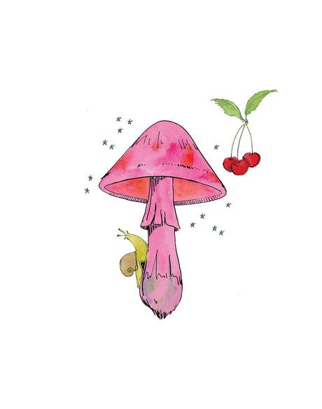 HOT PINK MUSHROOM: This illustration depicts a pink mushroom with a red cap, a yellow snail crawling on the stem, and three red cherries with green leaves. The mushroom is surrounded by small white stars.