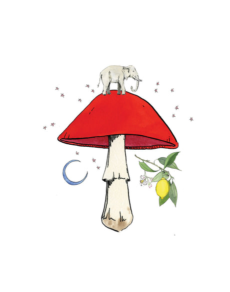 RED MUSHROOM: A whimsical watercolor illustration depicting an elephant standing on top of a large, red mushroom. The mushroom has a white stem and is surrounded by a crescent moon and a lemon branch with leaves and fruit. The background is a white canvas with scattered, small stars. The illustration has a whimsical and fairytale-like aesthetic.