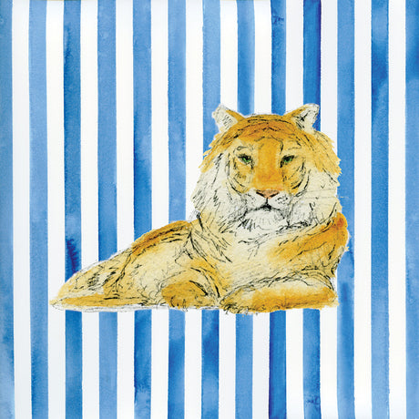 TIGER: This is a watercolor illustration of a tiger resting on a blue and white striped background. The tiger is drawn in a realistic style, with detailed fur and a thoughtful expression. The stripes of the background provide a vibrant contrast to the tigers orange fur.