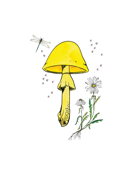 YELLOW MUSHROOM: A digital illustration featuring a yellow mushroom with a white cap, surrounded by daisies and a dragonfly. The image is set against a white background with delicate, light pink stars scattered throughout.