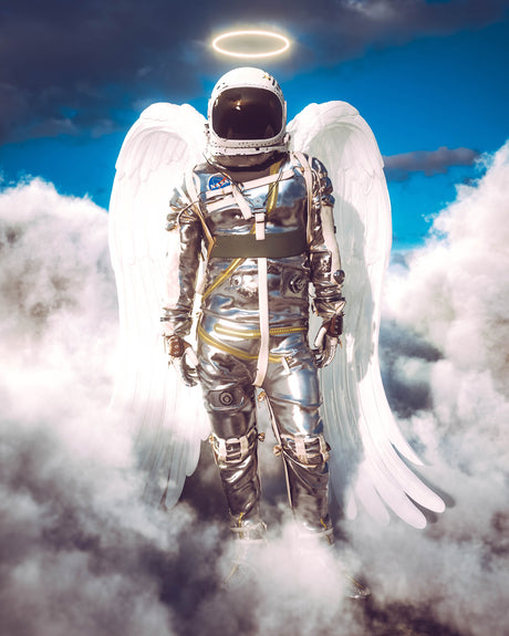 ANGEL ASTRO: An astronaut wearing a white space suit and a halo stands amongst fluffy white clouds, with large white feathered wings behind them. The astronaut is facing forward, looking straight ahead.