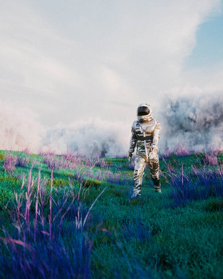 DREAM LIFE ASTRO: An astronaut in a white spacesuit walks through a field of tall grass, the ground is a mix of green and purple, and there is smoke in the background. The sky is a light blue with some white clouds.