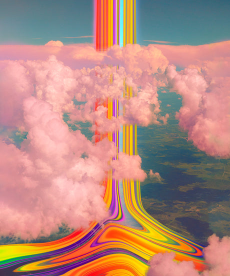 CRAYONS AND CLOUDS: This image depicts a vibrant, abstract rainbow stream flowing through clouds, as seen from above. The colors are saturated and bright, creating a sense of energy and movement. The clouds are soft and fluffy, contrasting with the sharp lines of the rainbow stream.